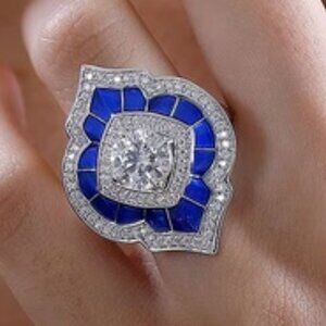 Moissanite Blue Enameled Ring size 7 Platinum Over Sterling Silver Luxury